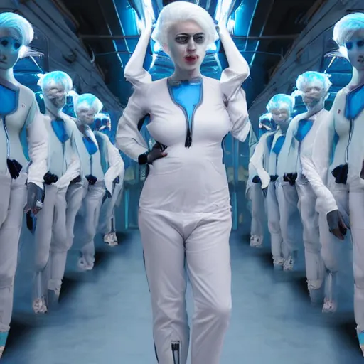 Image similar to troop of freak show women with white hair, white hair, tight light blue neopren suits, futuristic production facility, sci - fi, highly detailed, cinematic