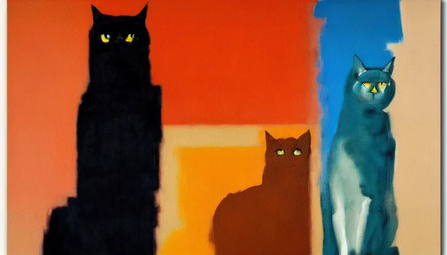 Image similar to contemporary semi abstract acrylic painting of really tall cats by rothko, by greg rutkowski, kessler art, thick brush strokes and visible paint layers, multicolor color scheme