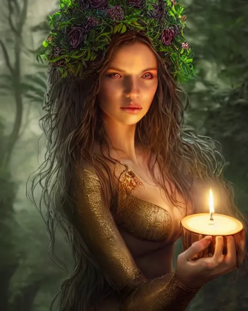 Prompt: portrait high definition photograph beautiful woman holding a candle fantasy character art, hyper realistic, pretty face, hyperrealism, iridescence water elemental, snake skin armor forest dryad, woody foliage, 8 k dop dof hdr fantasy character art, by aleski briclot and alexander'hollllow'fedosav and laura zalenga