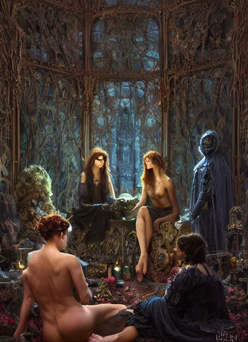 Image similar to mindcontrol inside covens den, intricate wiccan scene detailing, textless, masked wiccan photorealistic figures, hyperdetailed, photorealistic, diffuse lighting, hdrp, artstation, unreal 5, smooth, sharp focus, art by john collier, albert aublet, krenz cushart, artem demura, alphonse mucha