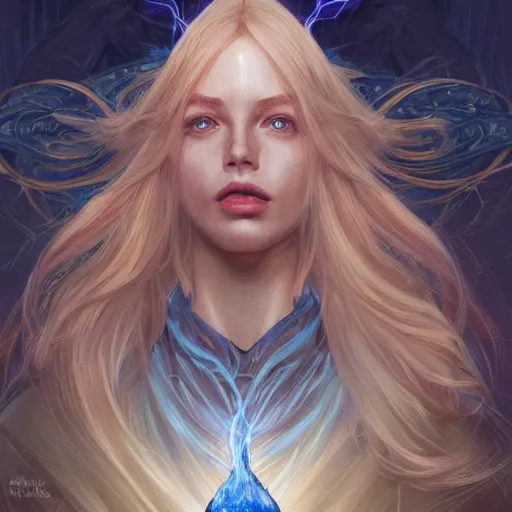 Prompt: a human wizard casting a spell, female, blonde and auburn two toned hair, crackling blue lightning, fantasy, d & d, intricate, elegant, highly detailed, digital painting, artstation, concept art, matte, sharp focus, illustration, in the style of magic the gathering, art by artgerm and greg rutkowski and alphonse mucha