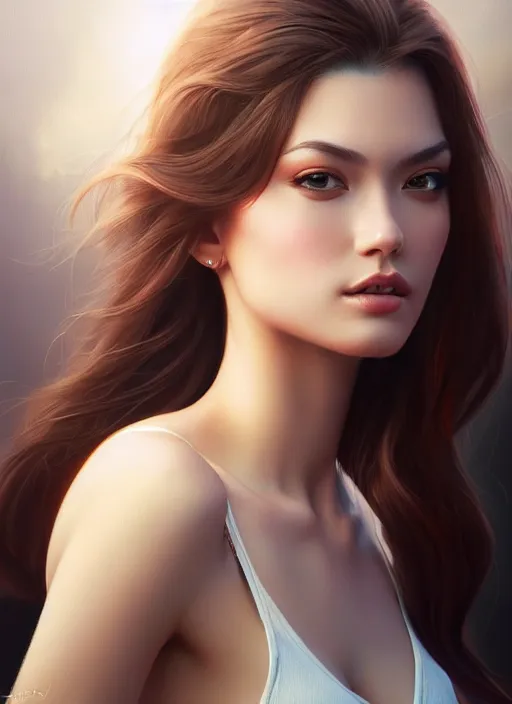 Image similar to high angle photo of a gorgeous young woman in the style of stefan kostic, realistic, sharp focus, 8 k high definition, insanely detailed, intricate, elegant, art by stanley lau and artgerm