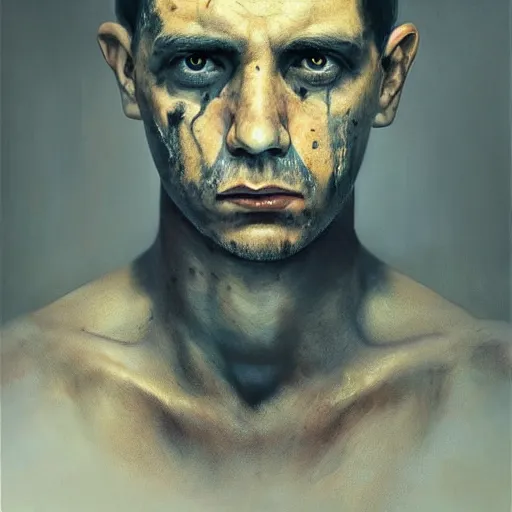 Image similar to high quality high detail painting by juan francisco casas, hd, portrait of a dangerous psychopath, intense demonic look in the eyes, photorealistic lighting