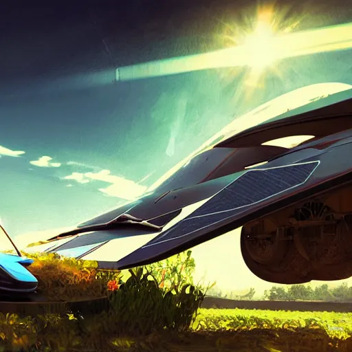 Image similar to solarpunk hovercar, clean energy, green technology, highway, sunny day, futurism, intricate, engines, glow, highly detailed, drone wings, peaceful, utopia, bright, digital painting, artstation, concept art, smooth, sharp focus, epic landscape, art by akihiko yoshida and tim mcburnie and anato finnstark