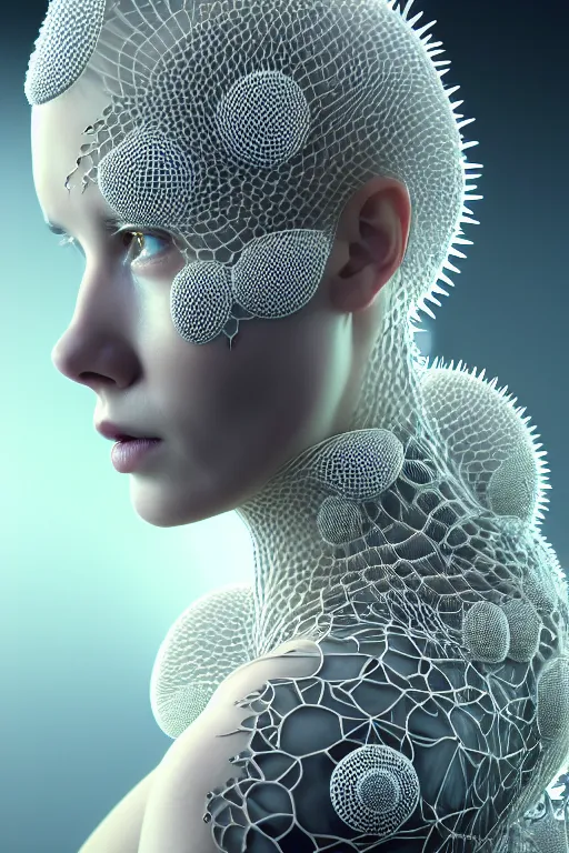 Image similar to complex intricate hyper detailed ultra sharp 3 d render of a beautiful porcelain biomechanical woman medium shot portrait, floodlight, large pore fractal fungi embroidered, cyberpunk art nouveau, haute couture alexander mcqueen leaves stems dahlia transparent fractal crystalline dandelion yellow pistil filigree roots, intricate details, octane render, volumetric cinematic lighting, 8 k,