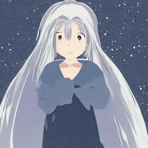 Image similar to a beautiful silver hair young woman walking up Mount Fuji in the style of studio ghibli