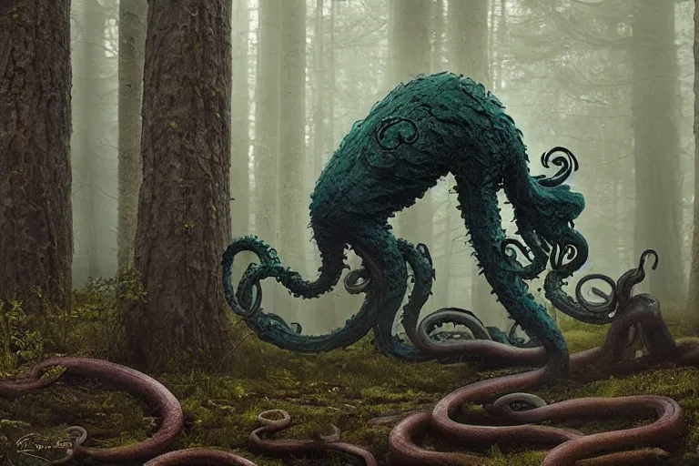 Image similar to dark demon beast with tentacles in a swedish forest, very low angle photograph, very detailed, trending on artstation, realistic, soft colors, illustration by john bauer, simon stålenhag, horror, creepy