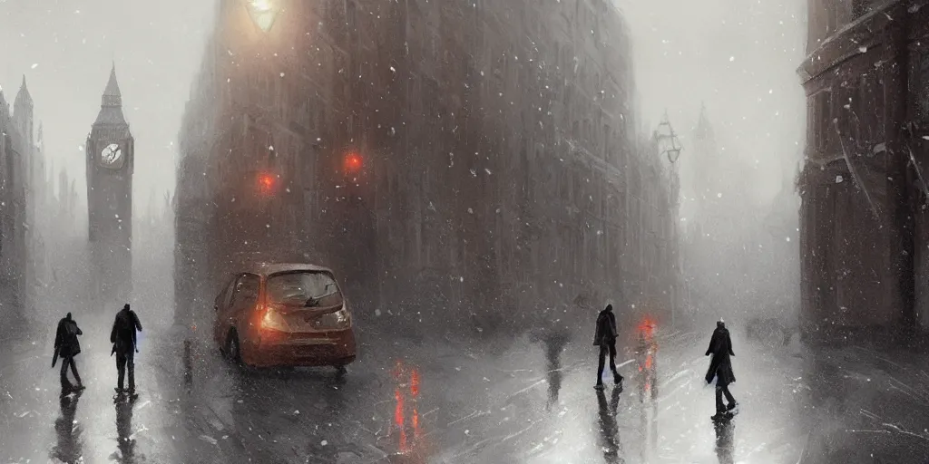 Image similar to two people in the street of london in winters, greg rutkowski style, trending on artstation