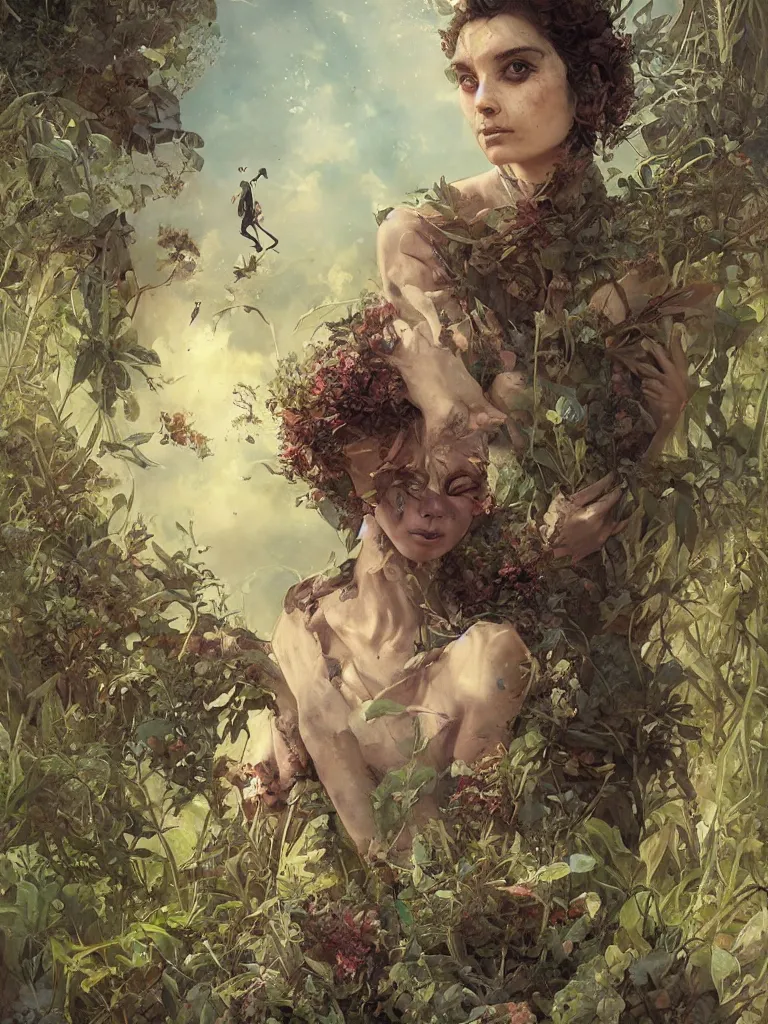 Image similar to a solarpunk portrait of a gorgeous gardener with a dirt-smeared face, award-winning, masterpiece, in the style of Tom Bagshaw, Cedric Peyravernay, Peter Mohrbacher