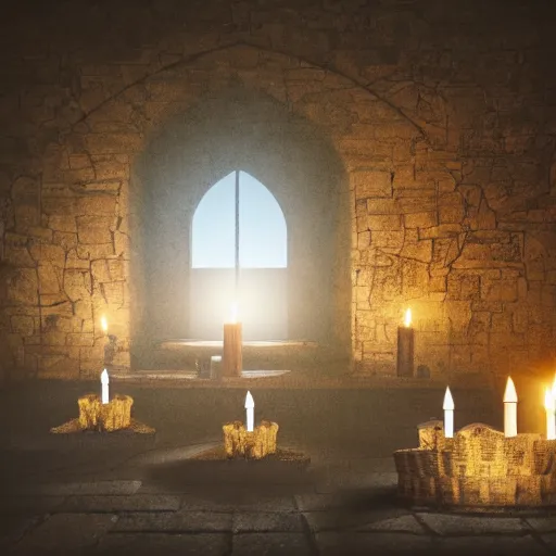 Prompt: the interior of a medieval castle with knights templar, diffused light, candles, mystical