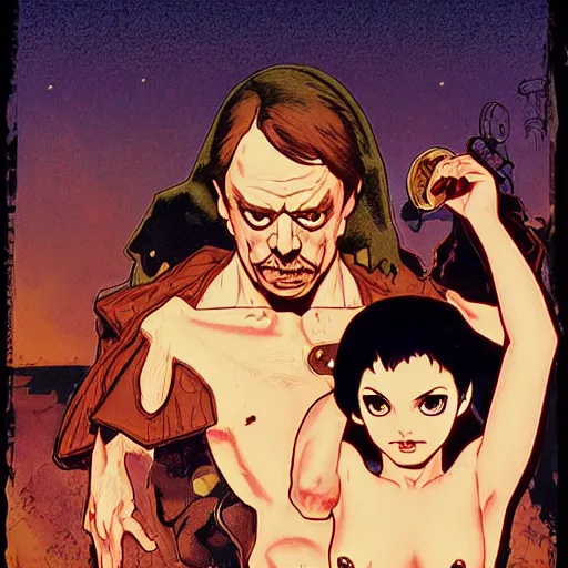 Image similar to steve buscemi fighting jack black, halloween night, finely illustrated pale mask, moon light, shrubs, highly detailed, colored pencil, gainax, tankobon, in the style of ilya kuvshinov and yoshiyuki sadamoto and william - adolphe bouguereau and alphonse mucha