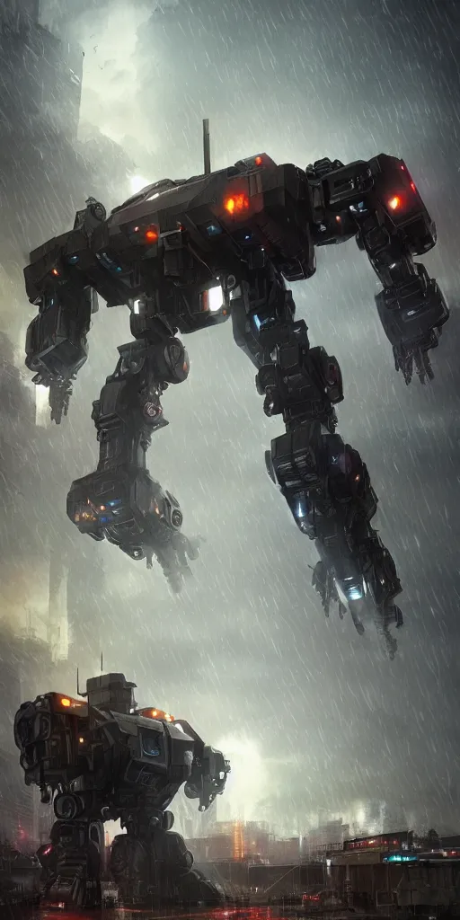 Image similar to Battletech mech in a city, futuristic, rain, industrial, 8k, high detail, unreal render, concept art, Mechwarrior, masterpiece, Artstation