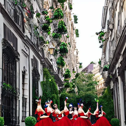 Image similar to The leafy streets ripple with the sound of ballerinas cackling. They splurge from the gilded doorways, all dressed in white and black and crimson. Their faces are painted like jewels: red-hot rubies for their mouths, green emeralds for their eyes, blue sapphires for their cheeks.
