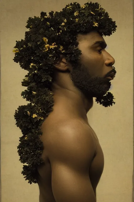 Image similar to a black man's face in profile, no beard, long curly hair, made of flowers and fruit, in the style of the Dutch masters and Gregory crewdson, dark and moody