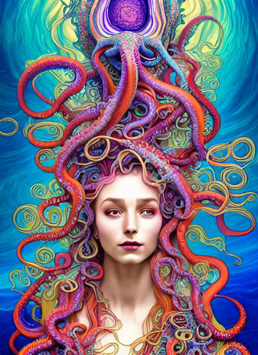 Image similar to A sea goddess with colorful tentacles hair having an colorful enlightening, magic mushrooms, psilocybin, LSD, face, detailed, intricate, elegant, highly detailed, digital painting, artstation, concept art, smooth, sharp focus, illustration, art by Krenz Cushar, Artem Demura, alphonse mucha, Octane render, unreal engine, 8K