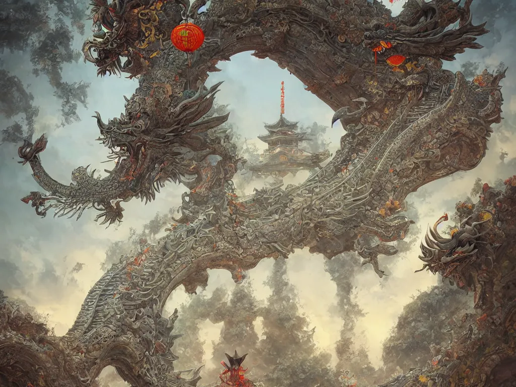 Image similar to tang dynasty shinto gate at the top of many stone steps, a chinese dragon flies behind by peter mohrbacher and dan mumford and nekro, cgsociety, volumetric light, 3 d render