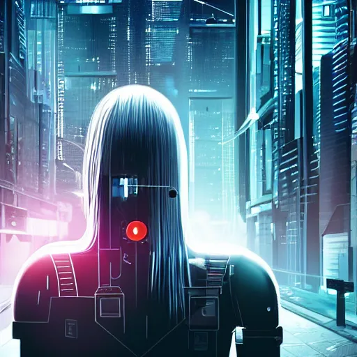 Prompt: portrait of a female cyborg walking down a futuristic cyberpunk street with tall buildings on both sides