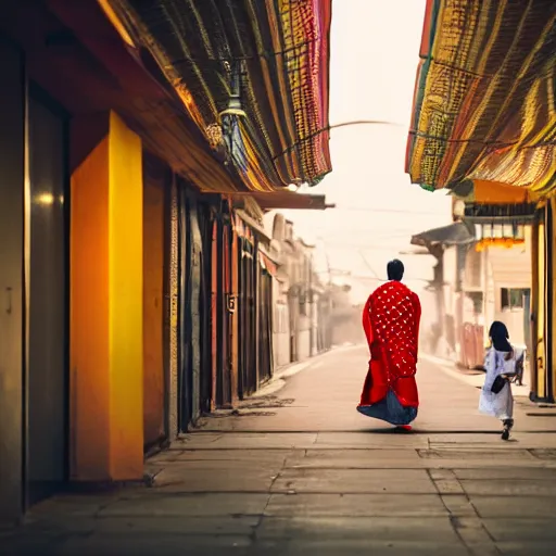 Image similar to a dramatic photograph of a person wearing traditional indian clothes, person wearing indian traditional clothes walking in a modern city, cinematic lighting