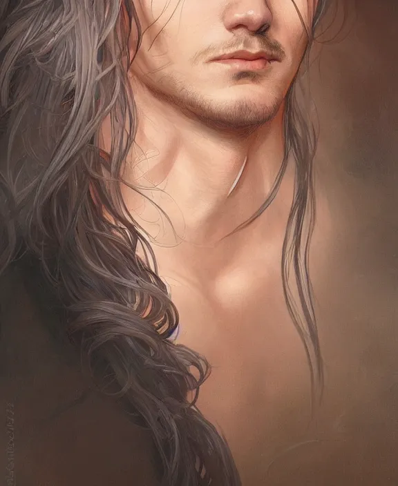 Image similar to portrait close up of guy, concentrated look, symmetry, long hair. d & d, fantasy, intricate, elegant, highly detailed, digital painting, artstation, concept art, art by artgerm and greg rutkowski and alphonse mucha, boris vallejo