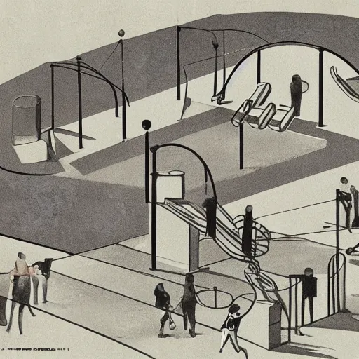 Prompt: a detailed architectural drawing of an art deco playground made for dogs by antonio sant'elia, futurismo