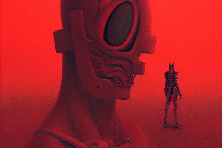 Image similar to only with red, a red cyborg samurai, tokio futuristic in background, some evil yokai, in the style of beksinski, parts by edward hopper, parts by rodcenko, parts by yue minjun, intricate and epic composition, red by caravaggio, insanely quality, highly detailed, masterpiece, red light, artstation, 4 k