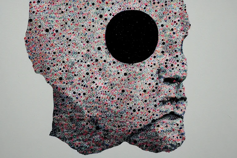 Image similar to face made out of planet, faceless people dark, dots, drip, stipple, pointillism, technical, abstract, minimal, style of francis bacon, asymmetry, pulled apart, cloak, hooded figure, made of dots, abstract, balaclava