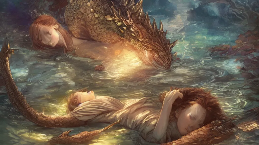 Prompt: a ultradetailed beautiful anime art of a majestic ancient dragon sleeping peacefully, peaceful and beautiful pond, dynamic lighting, cinematic lighting, lit by morning light, by krenz cushart and artgerm, anime