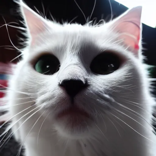 Prompt: cute white haired cat sticking his nose near the lens, wide angle camera, 4k photo