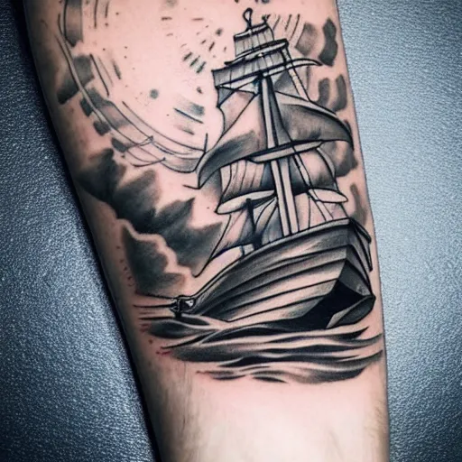 Prompt: a pirate ship sailing in the sea, realism tattoo design, amazing shades, clean white paper background, in the style of Matteo Pasqualin