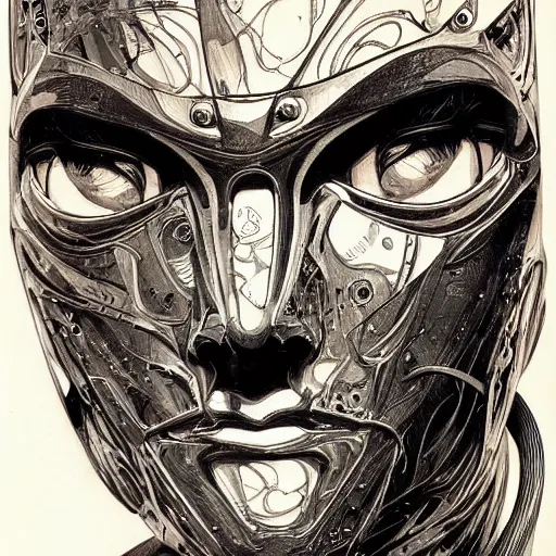 Prompt: an intricate, detailed ink sketch of the face of a robot, metal skin with some scratches, dramatic lighting, art nouveau, by Syd Mead