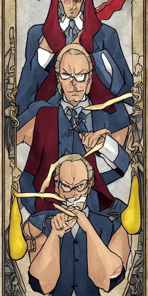 Image similar to the judge from Ace Attorney with a scale in one hand. Tarot card Justice