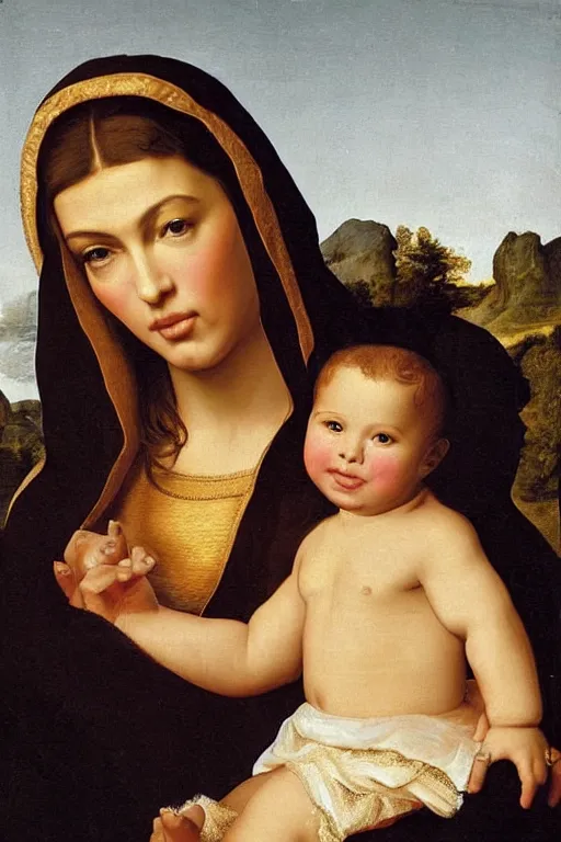 Prompt: kim kardashian as the madonna with child, painting by old dutch masters