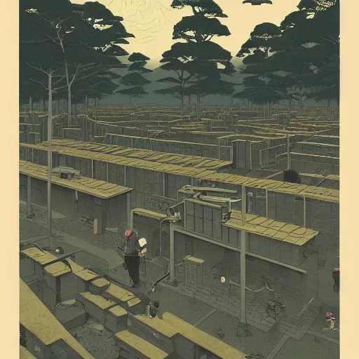 Image similar to a dystopian earth when humans are ruled by a large pointing finger and there are rows of people in shackles going to office jobs, flat design, screen print by kawase Hasui and Dan hillier, 8k, artstation