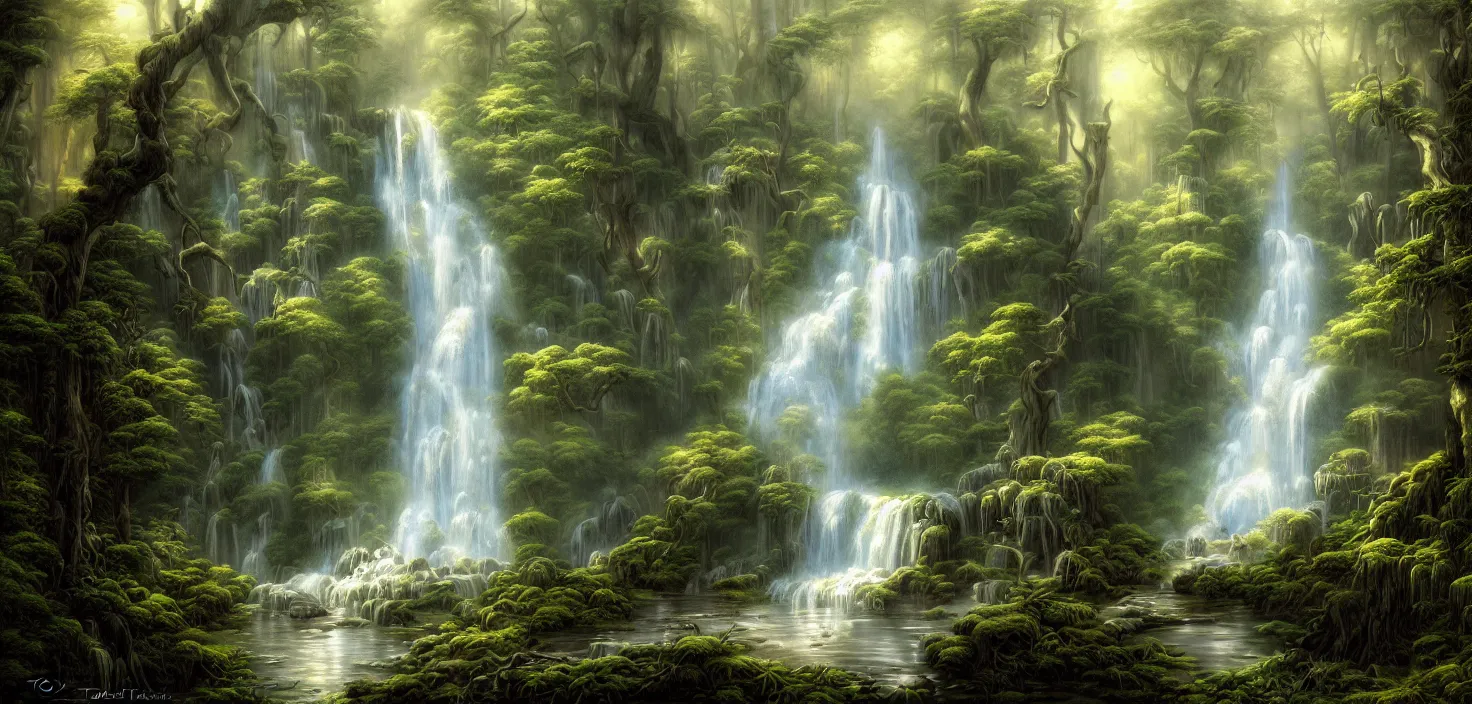 Image similar to a painting of a waterfall in a forest, a detailed matte painting by todd lockwood, deviantart, fantasy art, matte painting, matte drawing, airbrush art