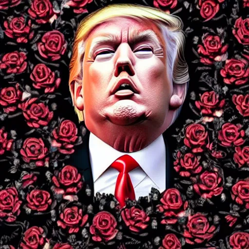 Prompt: amazingly complex portrait of Donald trump laying in a bed of black roses as a goddess staring curiously at you. soft detailed painting at 16K resolution and amazingly epic visuals. epically beautiful image. amazing effect, image looks gorgeously crisp as far as it's visual fidelity goes, absolutely outstanding. vivid clarity. ultra detail. iridescent. mind-breaking. mega-beautiful pencil shadowing. beautiful face. Ultra High Definition. soft shading. soft texture. intensely beautiful.