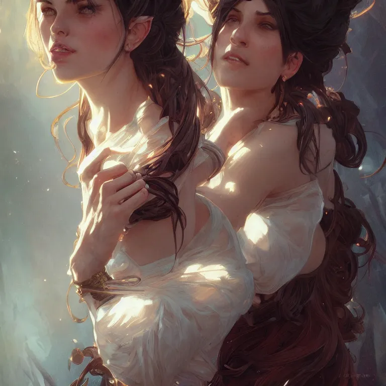 Image similar to portrait of a hot woman, D&D, fantasy, highly detailed, digital painting, artstation, smooth, sharp focus, illustration, art by artgerm and greg rutkowski and alphonse mucha