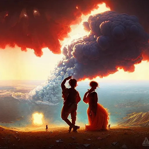 Image similar to a young couple watching a nuclear explosion, romantic, mushroom cloud, uplifting, happy, apocalytic detailed digital matte painting by artgerm, greg rutkowski and alphonse mucha