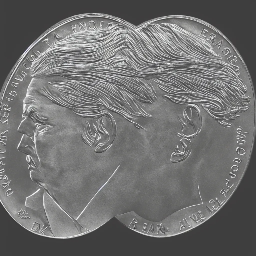 Image similar to Donald Trumps profile on a silver coin, photorealistic
