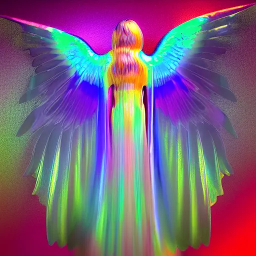 Prompt: celestial opalescent translucent green cheek conure angel made of mother of pearl gleams like the setting sun, oil slick, extremely high quality rendered in blender