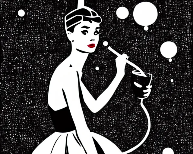 Image similar to teenage audrey hepburn dancing in art deco style, champagne commercial, artstation, illustration, bright, cheerful, detailed and intricate environment