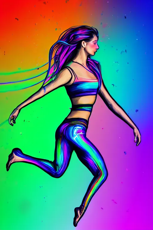 Prompt: a award winning half body portrait of a beautiful woman with stunning eyes in a croptop and leggings with rainbow colored ombre hairstyle head in motion and hair flying while dancing by thomas danthony, surrounded by whirling illuminated lines, outrun, vaporware, shaded flat illustration, digital art, trending on artstation, highly detailed, fine detail, intricate