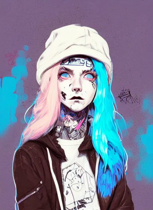 Prompt: highly detailed portrait of an american sewer punk lady student, blue eyes, tartan hoody, hat, white hair by atey ghailan, by greg tocchini, by kaethe butcher, by james gilleard, gradient pink, black, brown, cream and light blue color scheme, grunge aesthetic!!! ( ( graffiti tag wall ) )