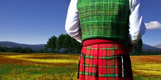 Image similar to a happy scotsman wearing a kilt being happy in a meadow, 4 k, 8 k