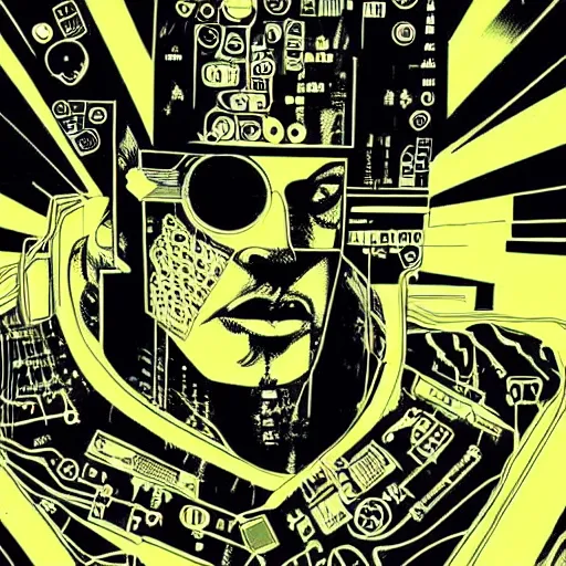 Image similar to a face covered in computer circuits, scifi, bladerunner, cyberpunk, heavy ink, yellow, illustration by mike mignola