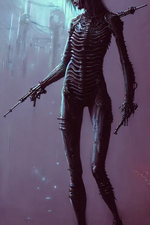 Image similar to a highly detailed long shot photo of cyberpunk female character by ayami kojima, elf, beksinski, giger, elf, rifle, intricate, digital painting, artstation, concept art, smooth, sharp focus, full body