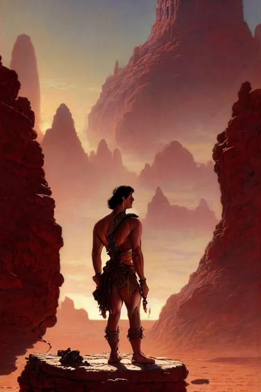 Image similar to John Carter standing in front of Martian ruins by Stanley Artgerm Lau, greg rutkowski, thomas kindkade, alphonse mucha, loish, norman Rockwell