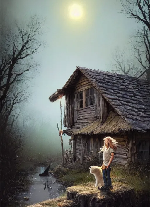 Image similar to highly detailed hyperrealistic painting of a blonde long - haired hillbilly standing in front of old rough house holding a stick, with his fluffy black and gray australian shepherd, bonfire, stephen bliss, art by greg rutkowski, loish, rhads, ferdinand knab, makoto shinkai and lois van baarle, tom bagshaw, global illumination, artstation