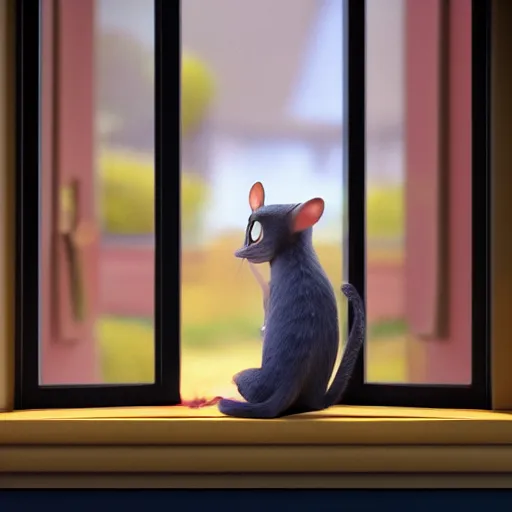 Image similar to a happy cat with big eyes looking for a cup of coffee in beautiful morning at a house window, viewed from outside. Pixar Disney 4K 3d render funny animation movie Oscar winning trending on ArtStation and Behance. Ratatouille style.