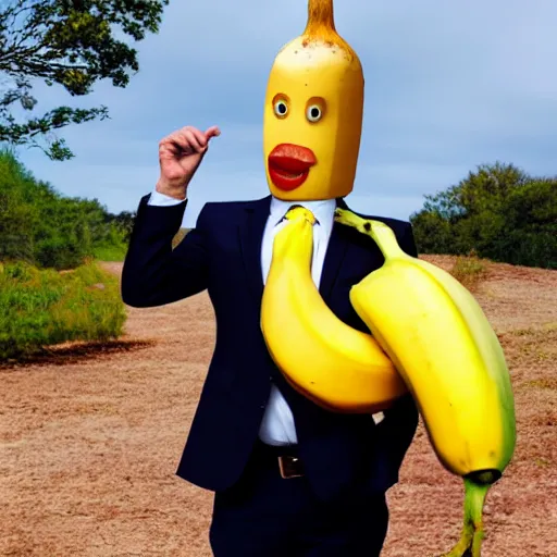 Image similar to a person with a banana head wearing a business suit