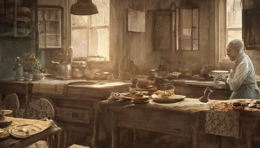 Image similar to old russian lady cooking in her old 1 9 0 0's kitchen, old house, old wooden table, pan and plates, hyperdetailed, artstation, cgsociety, 8 k